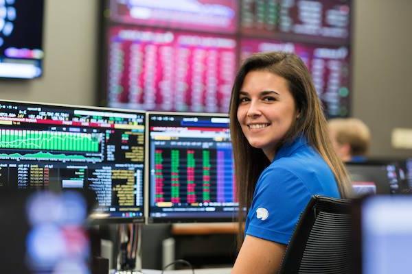 Female student in business lab.